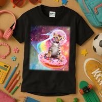Funny Cute Astronaut Kitty On Rainbow Sprinkle Donut Kids T-Shirt thumb 3