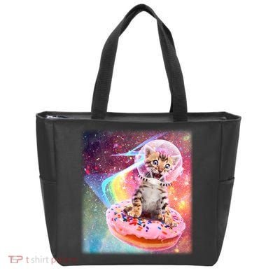 Funny Cute Astronaut Kitty On Rainbow Sprinkle Donut Tote Bag