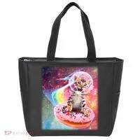 Funny Cute Astronaut Kitty On Rainbow Sprinkle Donut Tote Bag thumb 0