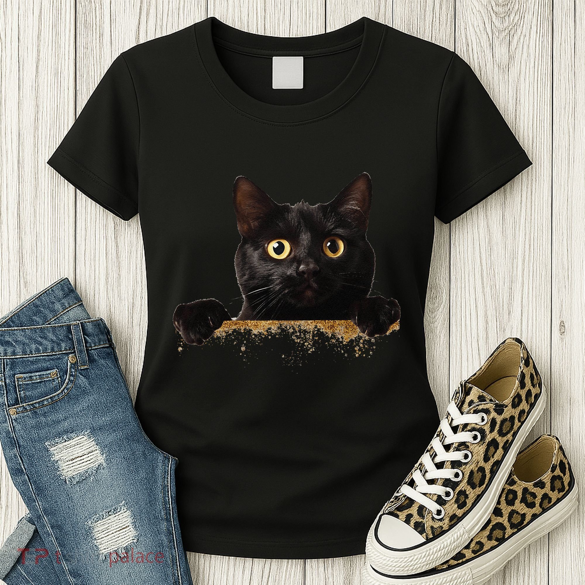 Funny Curious Adorable Cat Black Peeking Kitten Pet Lovers Women's T-Shirt