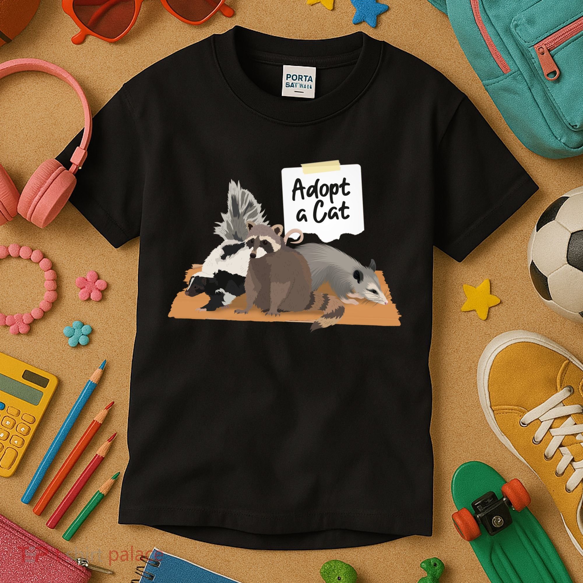 Funny Cute Adopt A Cat Skunk Raccoon Opossum Kids T-Shirt