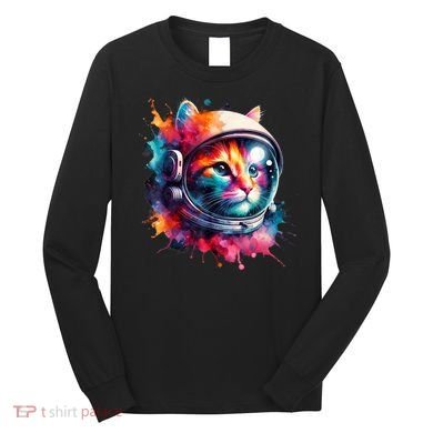Funny Cat Astronaut Outer Space Watercolor Splash Cat Lover Long Sleeve Shirt