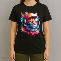 Funny Cat Astronaut Outer Space Watercolor Splash Cat Lover T-Shirt thumb 4