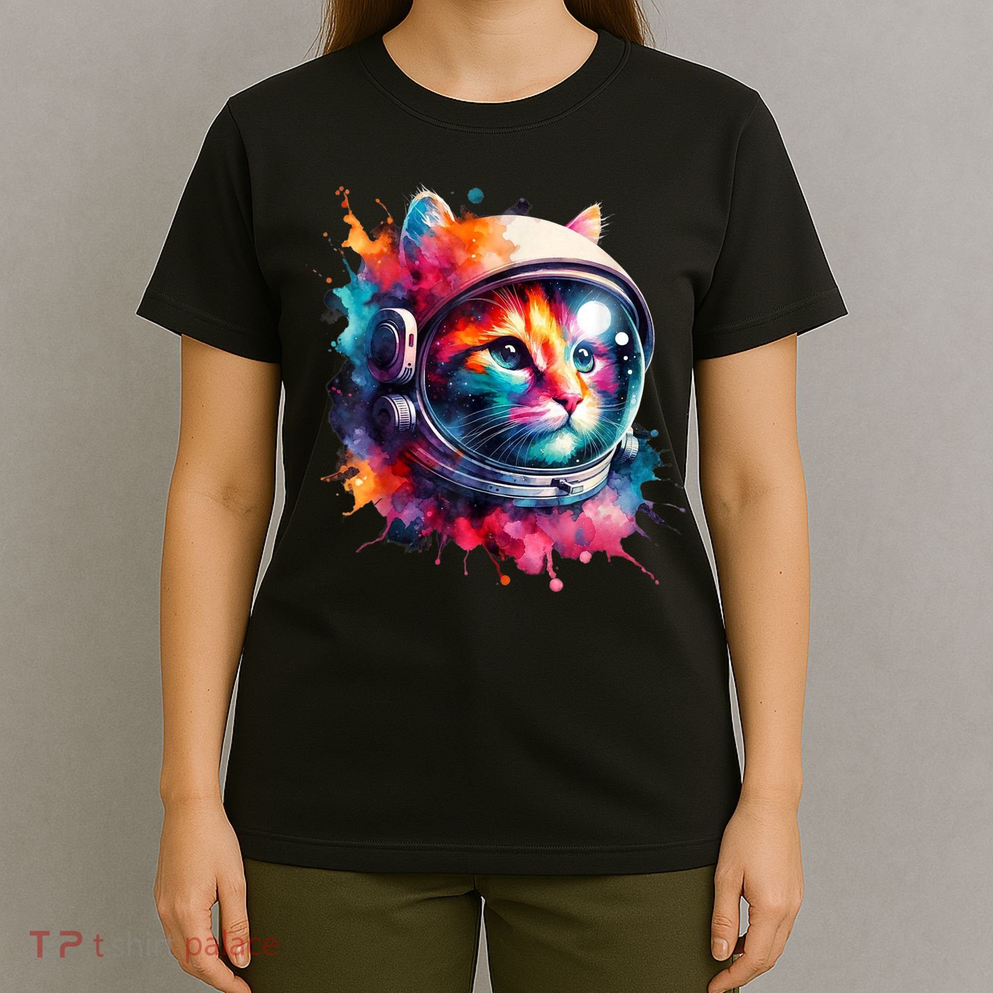 Funny Cat Astronaut Outer Space Watercolor Splash Cat Lover T-Shirt