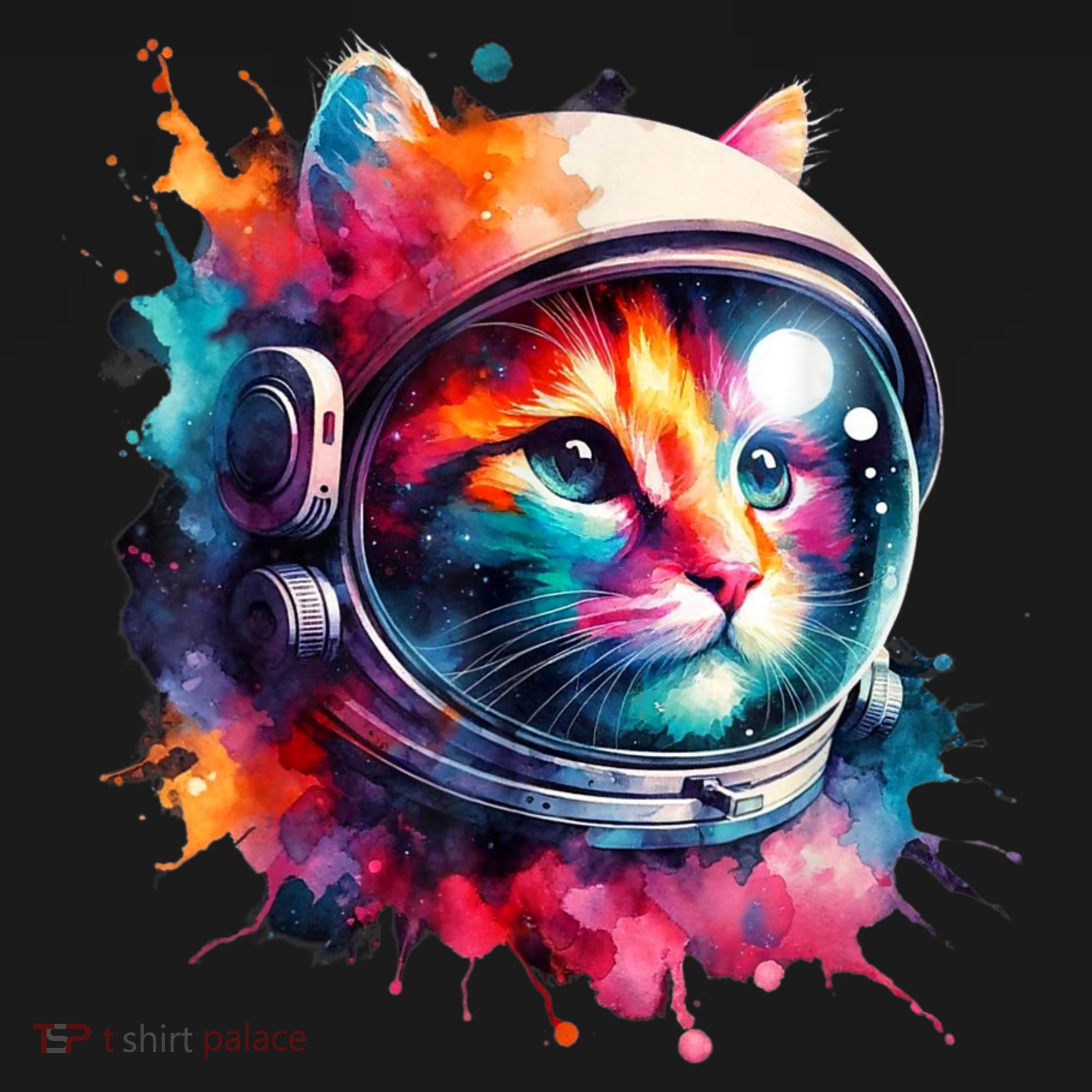 Funny Cat Astronaut Outer Space Watercolor Splash Cat Lover T-Shirt