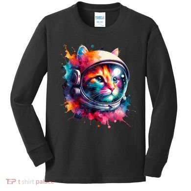 Funny Cat Astronaut Outer Space Watercolor Splash Cat Lover Kids Long Sleeve Shirt