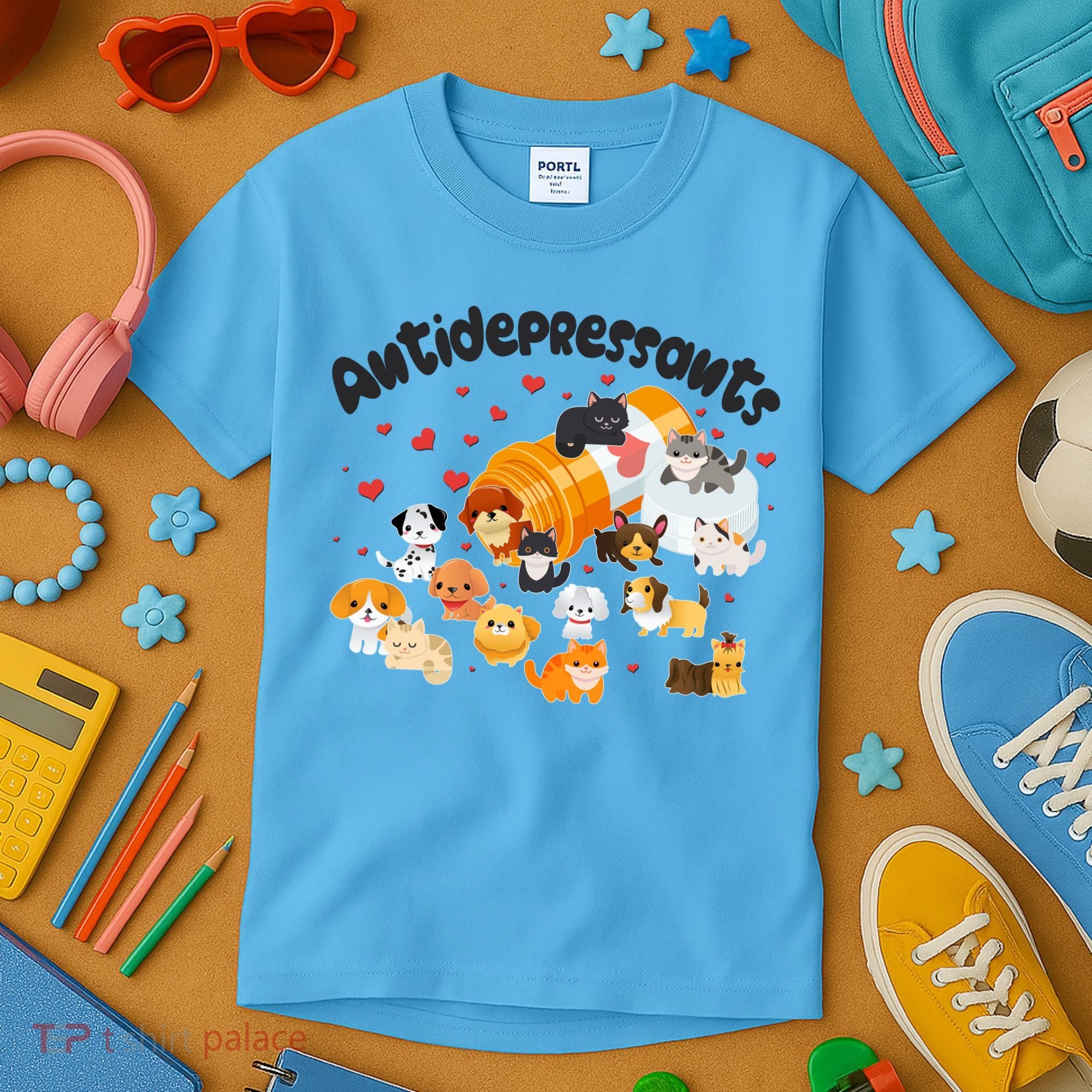 Funny Cute Antidepressants Pets Puppies And Kittens Kids T-Shirt