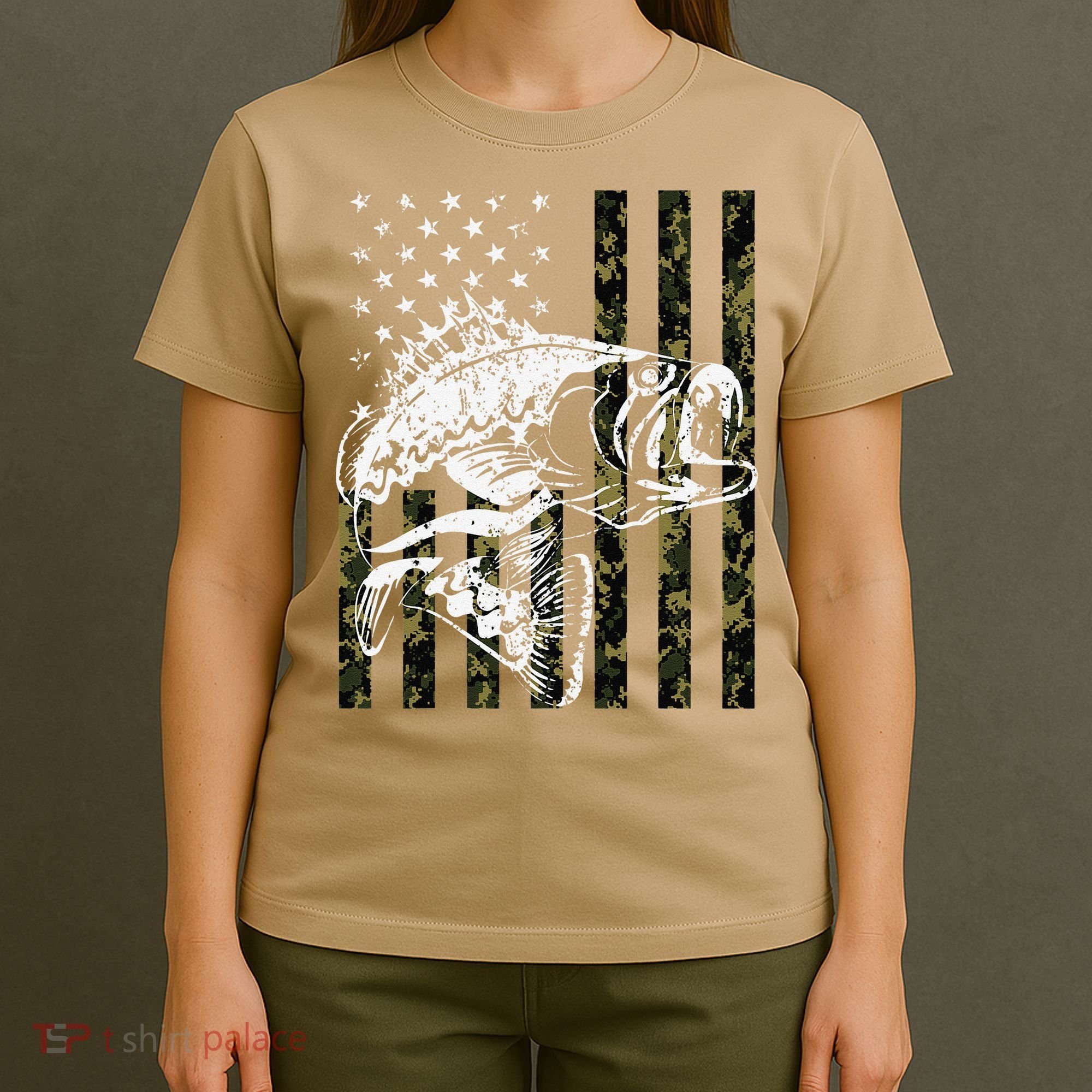 Fishing, Camouflage American Flag Fish, Bass Fish Fisherman T-Shirt
