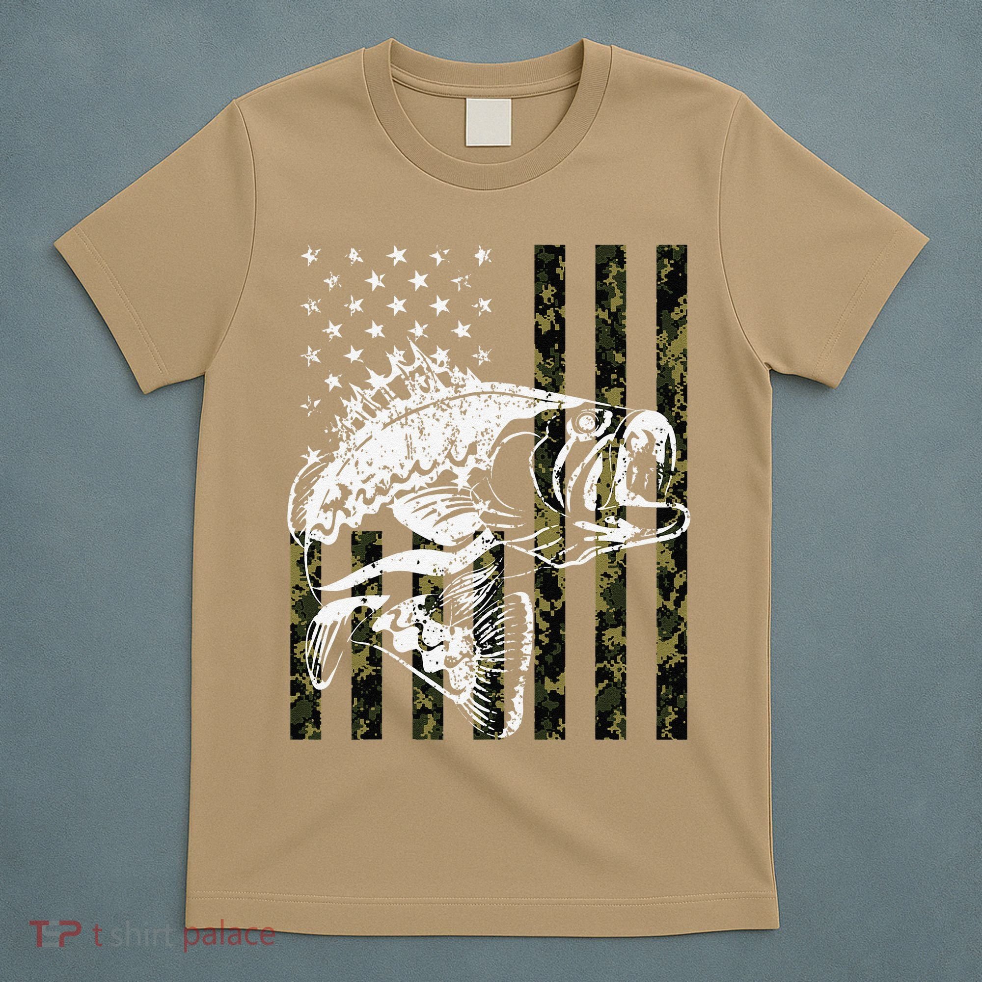 Fishing, Camouflage American Flag Fish, Bass Fish Fisherman T-Shirt