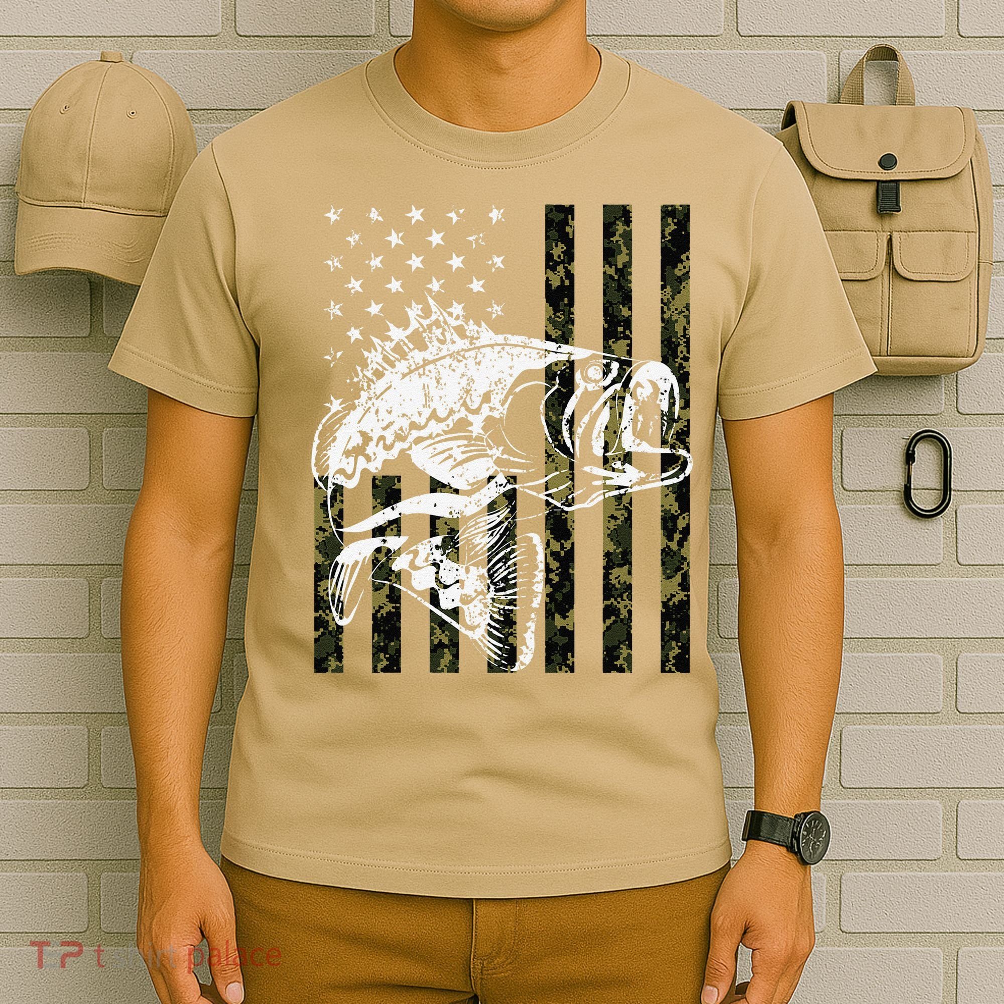 Fishing, Camouflage American Flag Fish, Bass Fish Fisherman T-Shirt