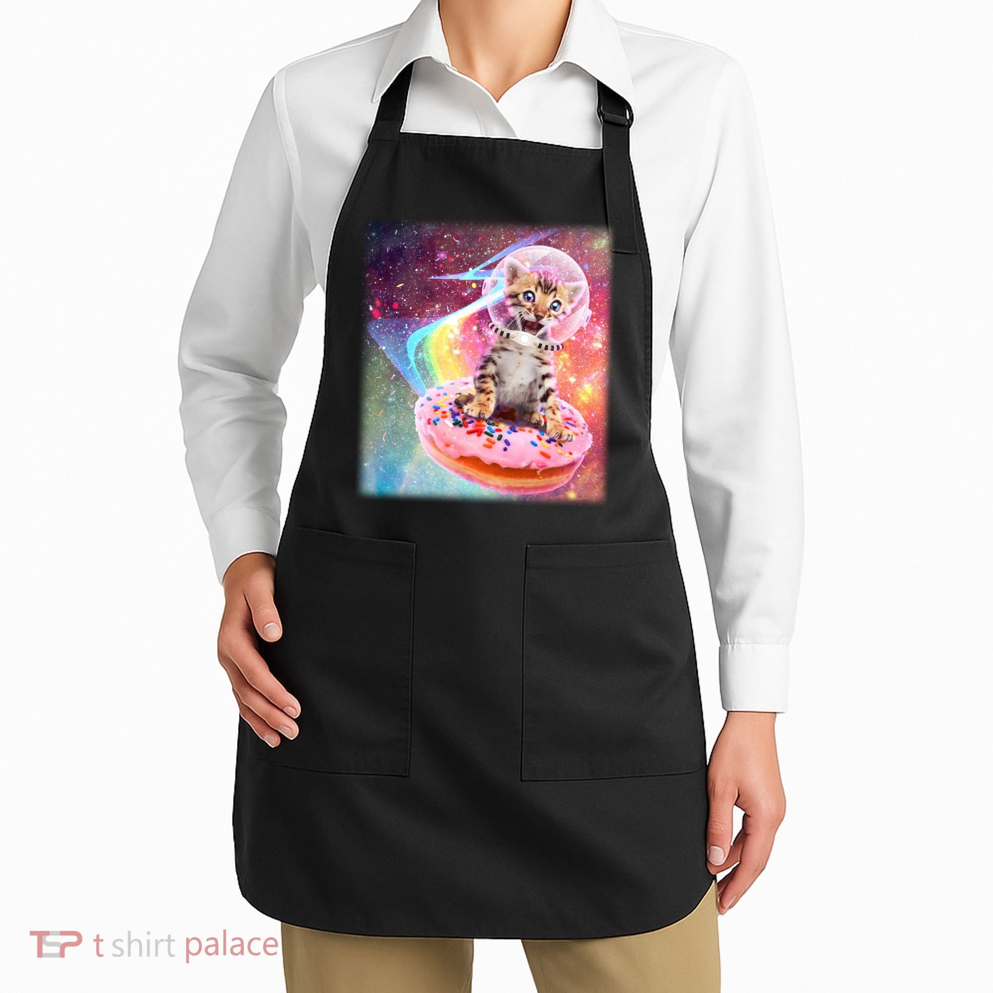 Funny Cute Astronaut Kitty On Rainbow Sprinkle Donut With Galaxy Background Apron