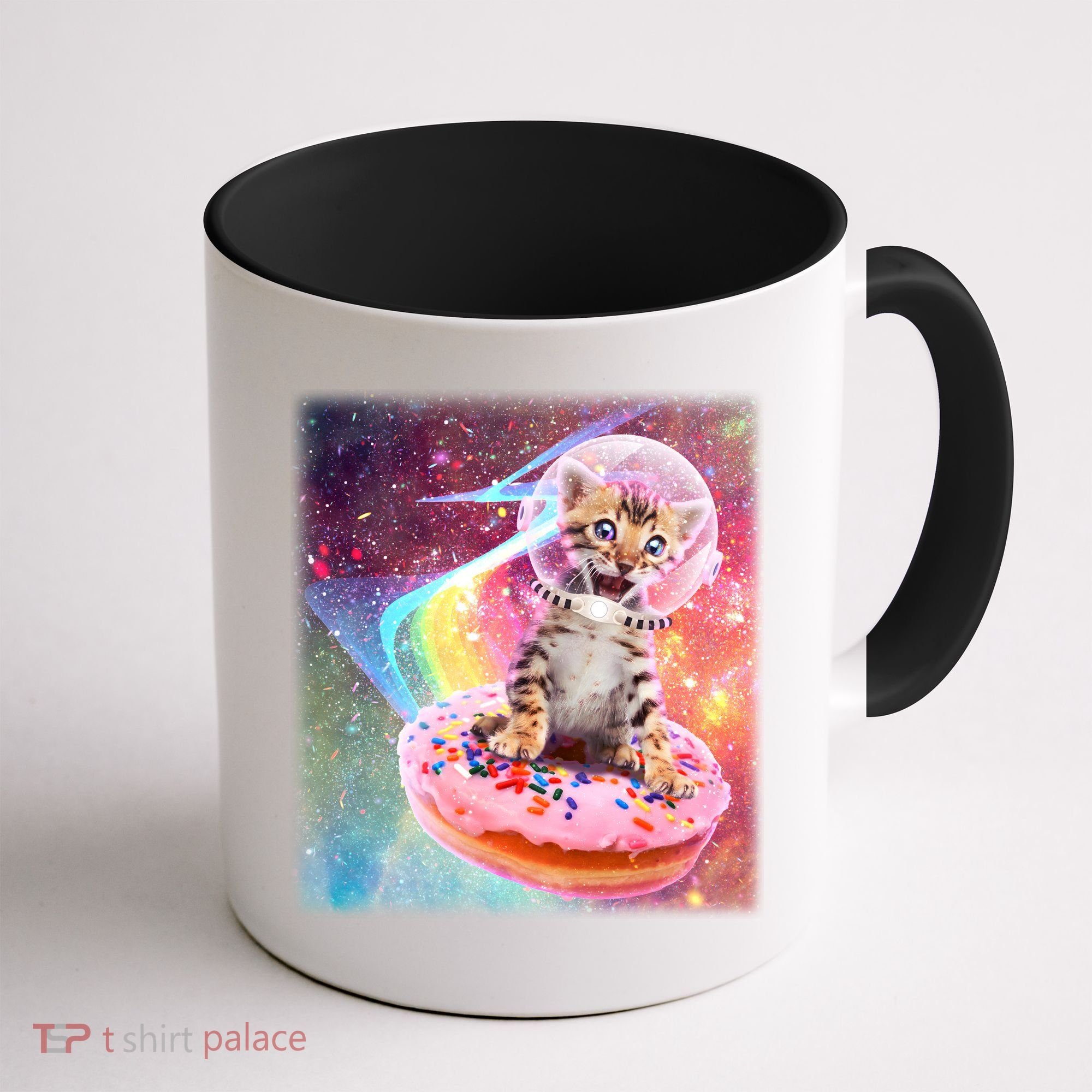 Funny Cute Astronaut Kitty On Rainbow Sprinkle Donut With Galaxy Background Coffee Mug