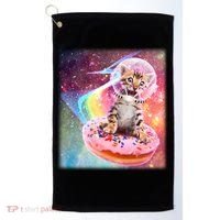 Funny Cute Astronaut Kitty On Rainbow Sprinkle Donut With Galaxy Background Golf Towel thumb 0