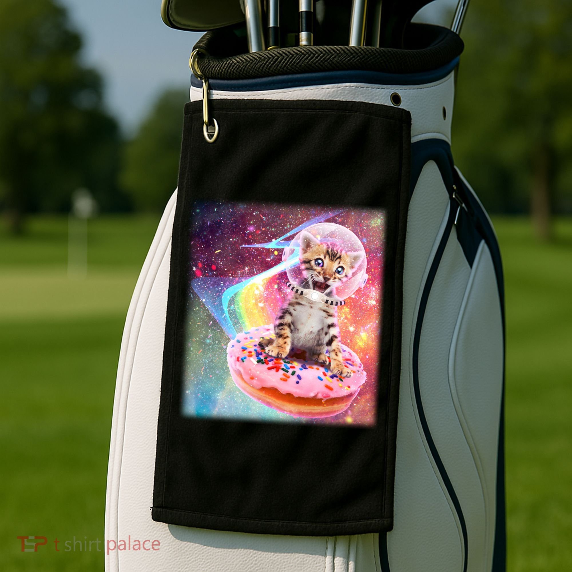 Funny Cute Astronaut Kitty On Rainbow Sprinkle Donut With Galaxy Background Golf Towel