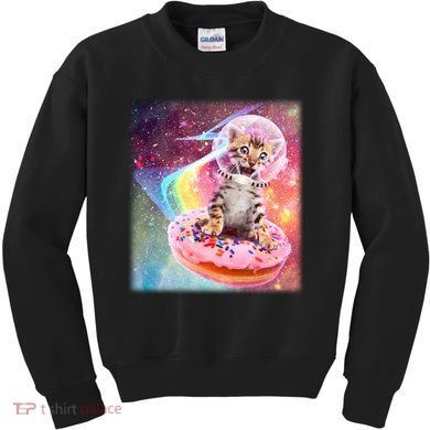 Funny Cute Astronaut Kitty On Rainbow Sprinkle Donut With Galaxy Background Kids Sweatshirt