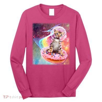 Funny Cute Astronaut Kitty On Rainbow Sprinkle Donut With Galaxy Background Long Sleeve Shirt