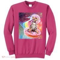 Funny Cute Astronaut Kitty On Rainbow Sprinkle Donut With Galaxy Background Sweatshirt thumb 0
