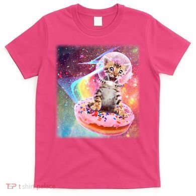 Funny Cute Astronaut Kitty On Rainbow Sprinkle Donut With Galaxy Background T-Shirt