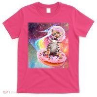 Funny Cute Astronaut Kitty On Rainbow Sprinkle Donut With Galaxy Background T-Shirt thumb 0