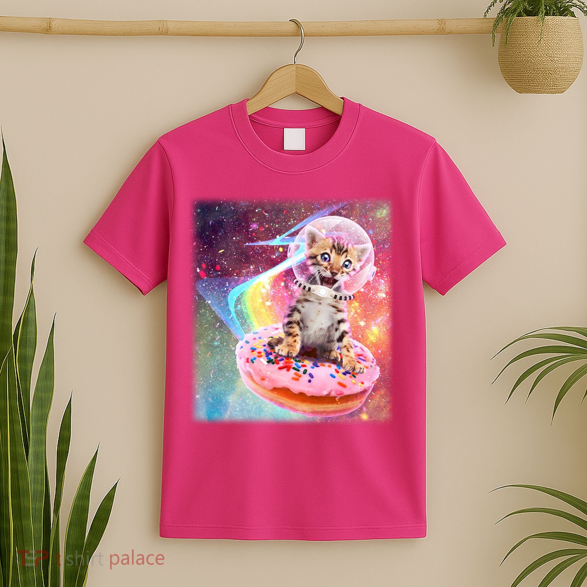 Funny Cute Astronaut Kitty On Rainbow Sprinkle Donut With Galaxy Background T-Shirt