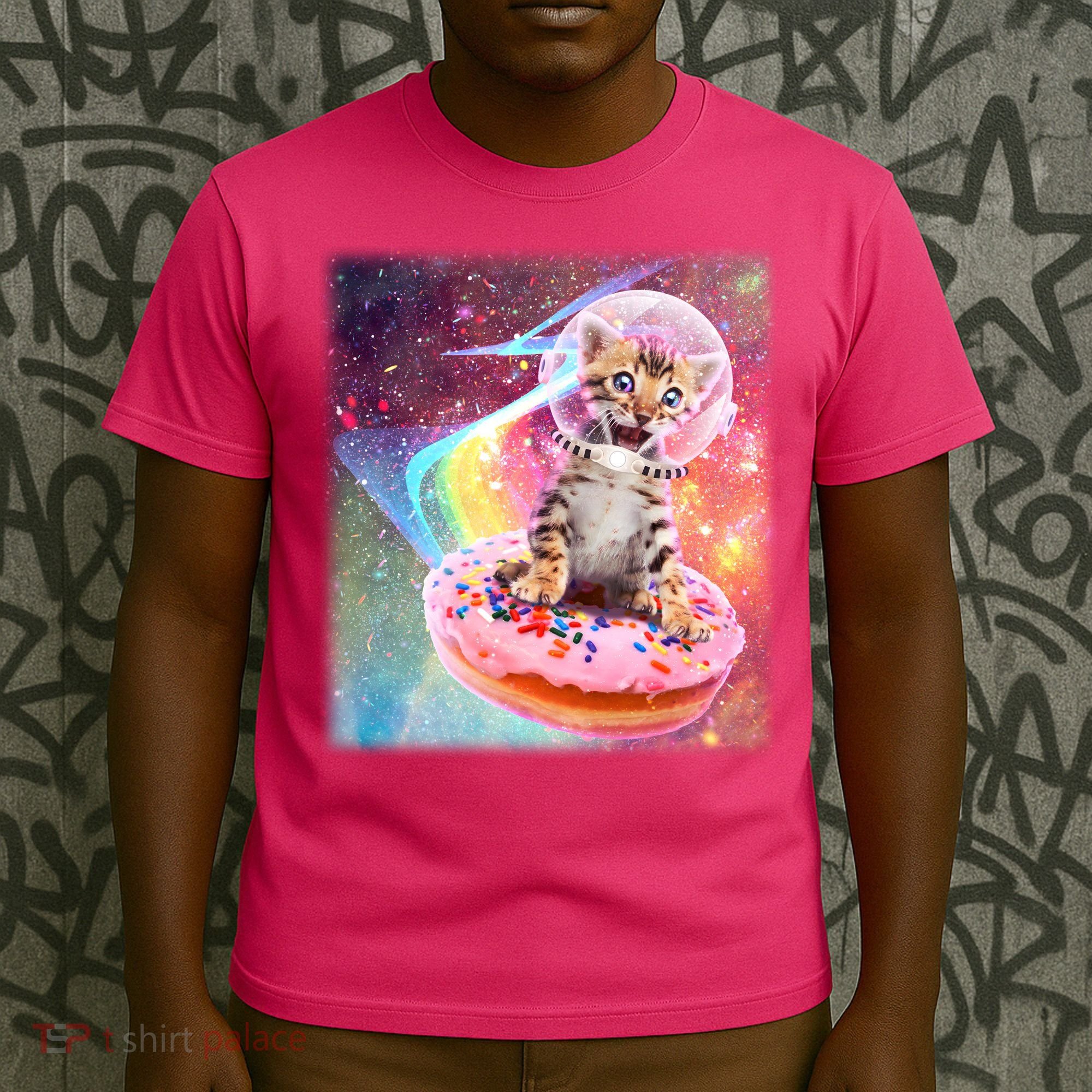 Funny Cute Astronaut Kitty On Rainbow Sprinkle Donut With Galaxy Background T-Shirt