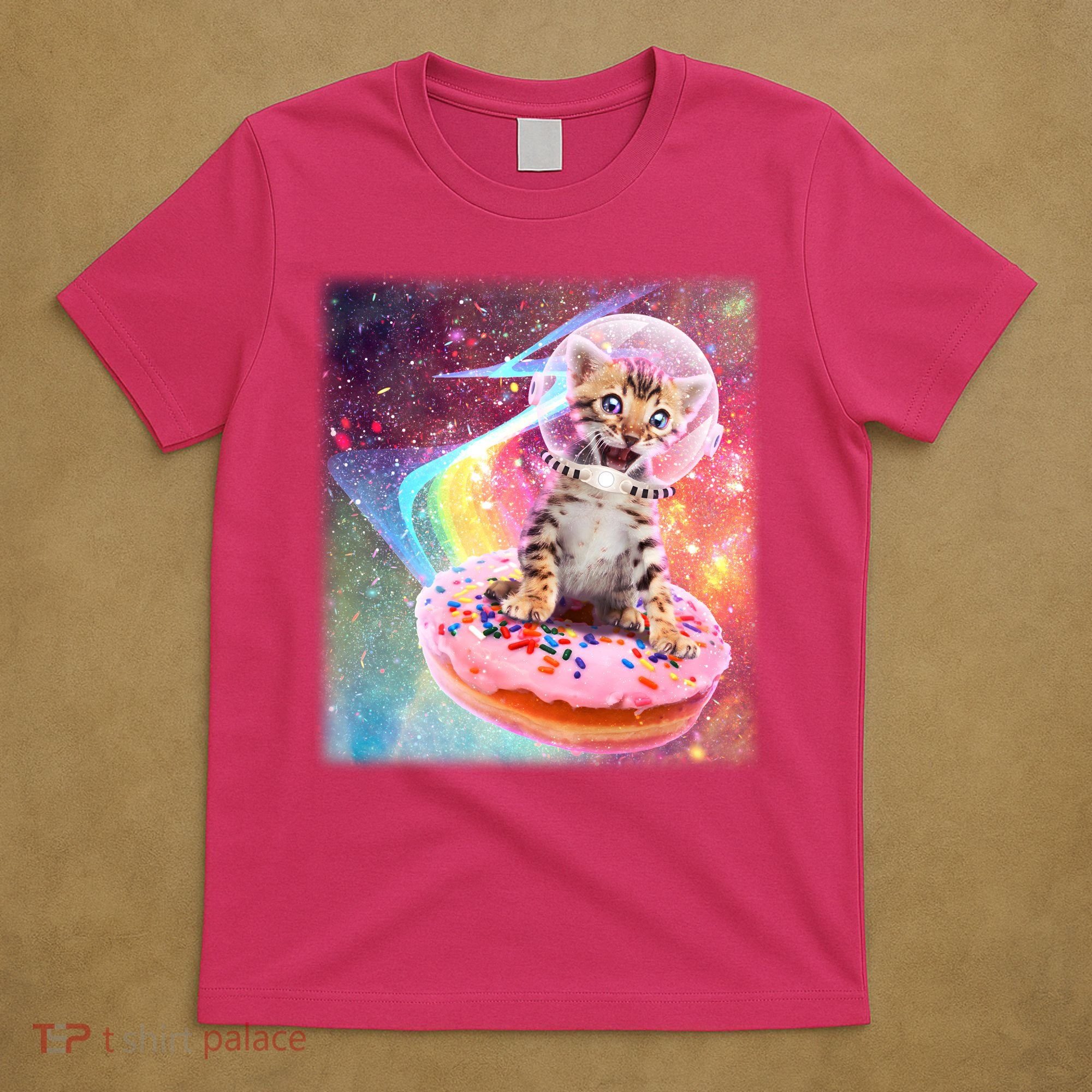 Funny Cute Astronaut Kitty On Rainbow Sprinkle Donut With Galaxy Background T-Shirt