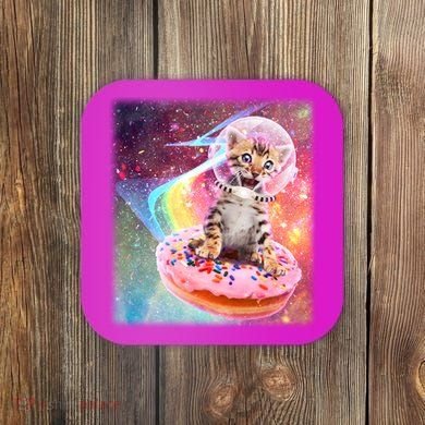 Funny Cute Astronaut Kitty On Rainbow Sprinkle Donut With Galaxy Background Coaster