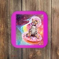 Funny Cute Astronaut Kitty On Rainbow Sprinkle Donut With Galaxy Background Coaster thumb 0