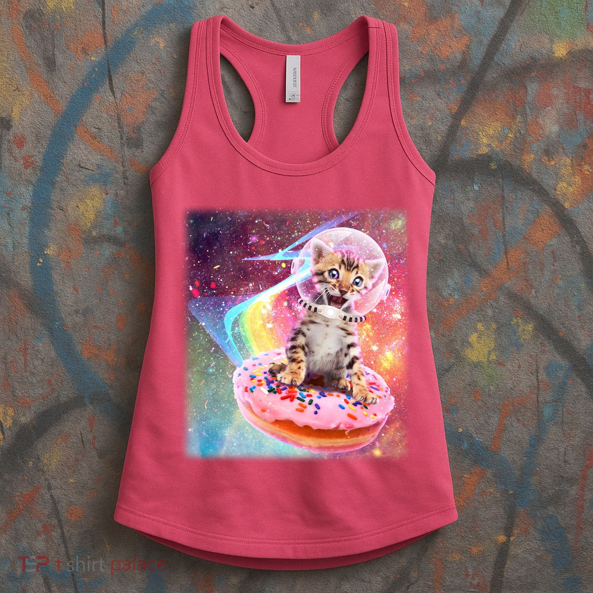 Funny Cute Astronaut Kitty On Rainbow Sprinkle Donut With Galaxy Background Women's Tank Top