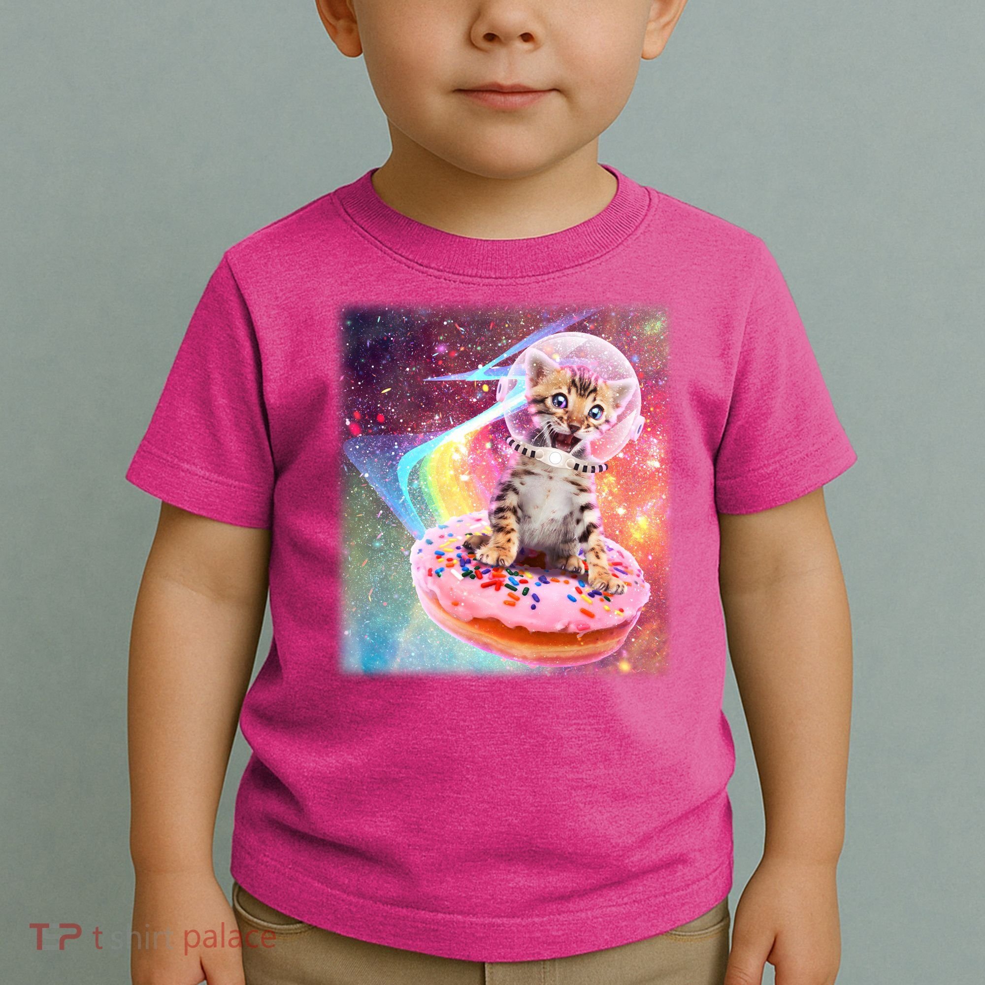 Funny Cute Astronaut Kitty On Rainbow Sprinkle Donut With Galaxy Background Toddler T-Shirt