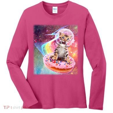 Funny Cute Astronaut Kitty On Rainbow Sprinkle Donut With Galaxy Background Women's Long Sleeve Shirt