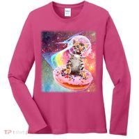 Funny Cute Astronaut Kitty On Rainbow Sprinkle Donut With Galaxy Background Women's Long Sleeve Shirt thumb 0