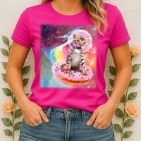 Funny Cute Astronaut Kitty On Rainbow Sprinkle Donut With Galaxy Background Women's T-Shirt thumb 2