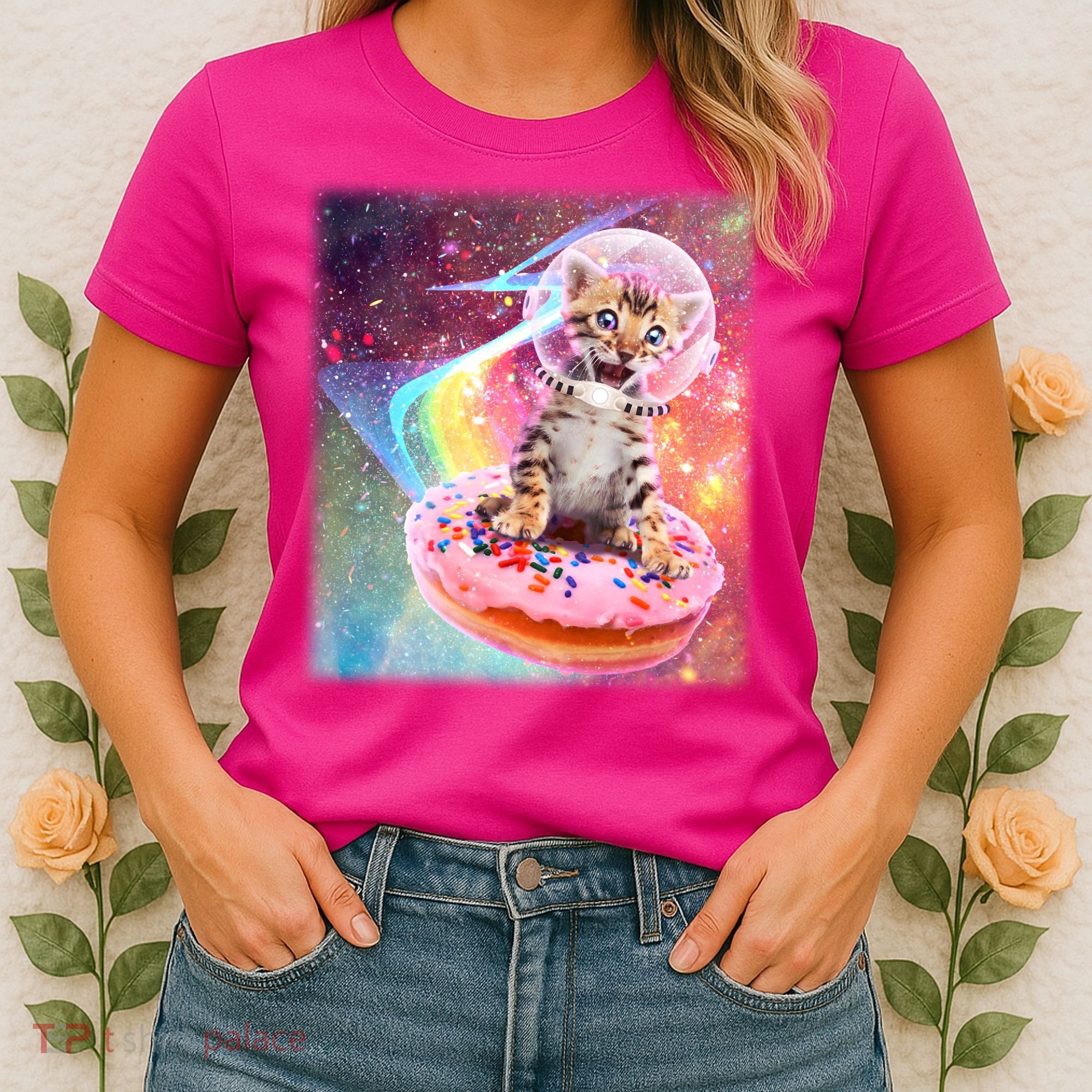 Funny Cute Astronaut Kitty On Rainbow Sprinkle Donut With Galaxy Background Women's T-Shirt