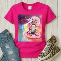 Funny Cute Astronaut Kitty On Rainbow Sprinkle Donut With Galaxy Background Women's T-Shirt thumb 3