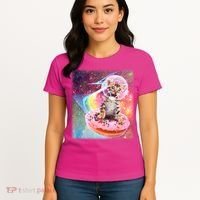 Funny Cute Astronaut Kitty On Rainbow Sprinkle Donut With Galaxy Background Women's T-Shirt thumb 4