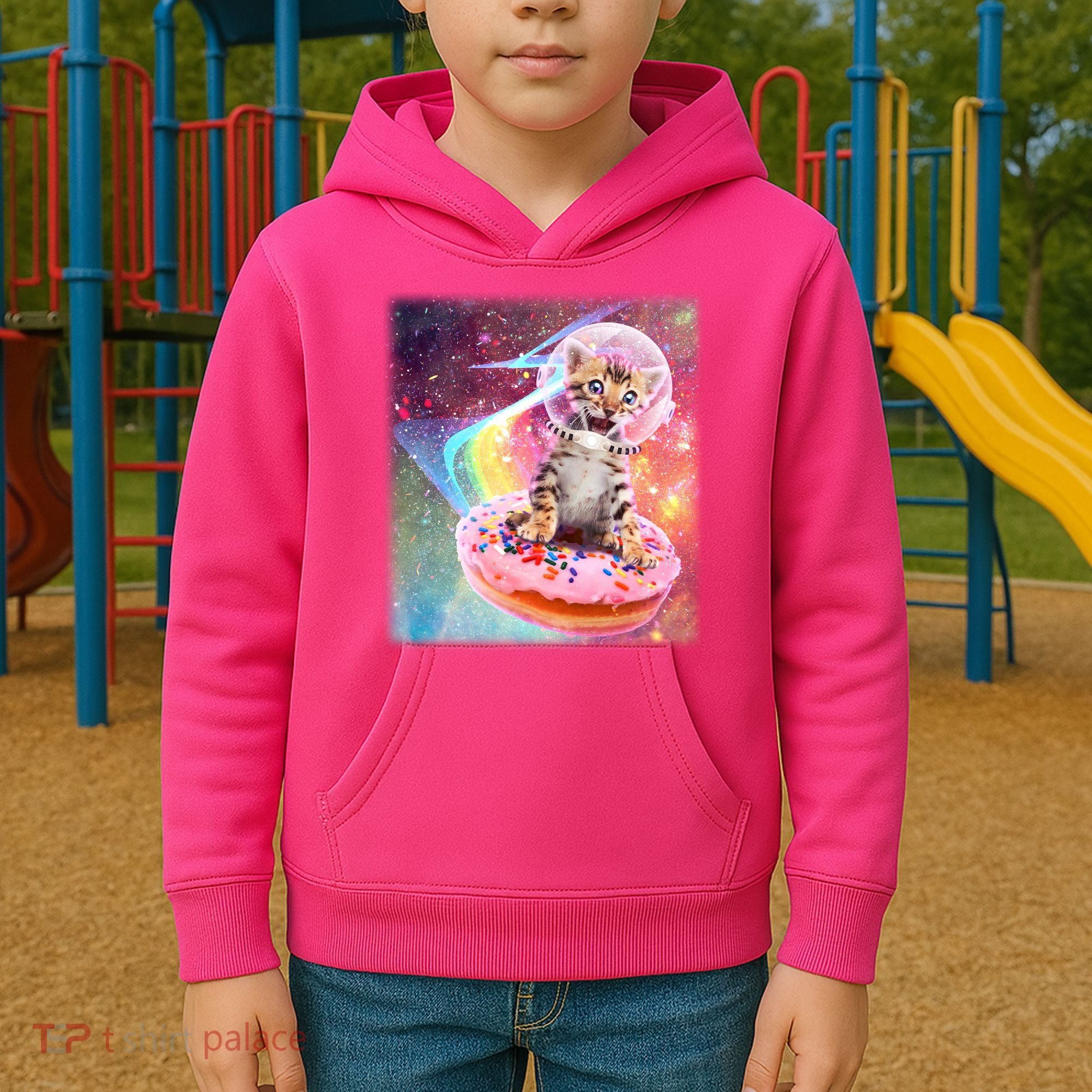 Funny Cute Astronaut Kitty On Rainbow Sprinkle Donut With Galaxy Background Kids Hoodie