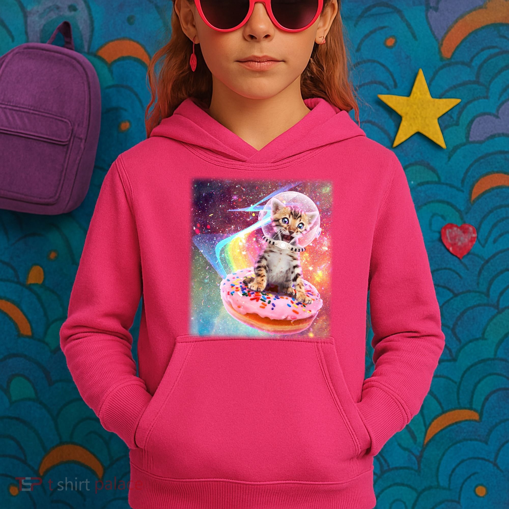 Funny Cute Astronaut Kitty On Rainbow Sprinkle Donut With Galaxy Background Kids Hoodie