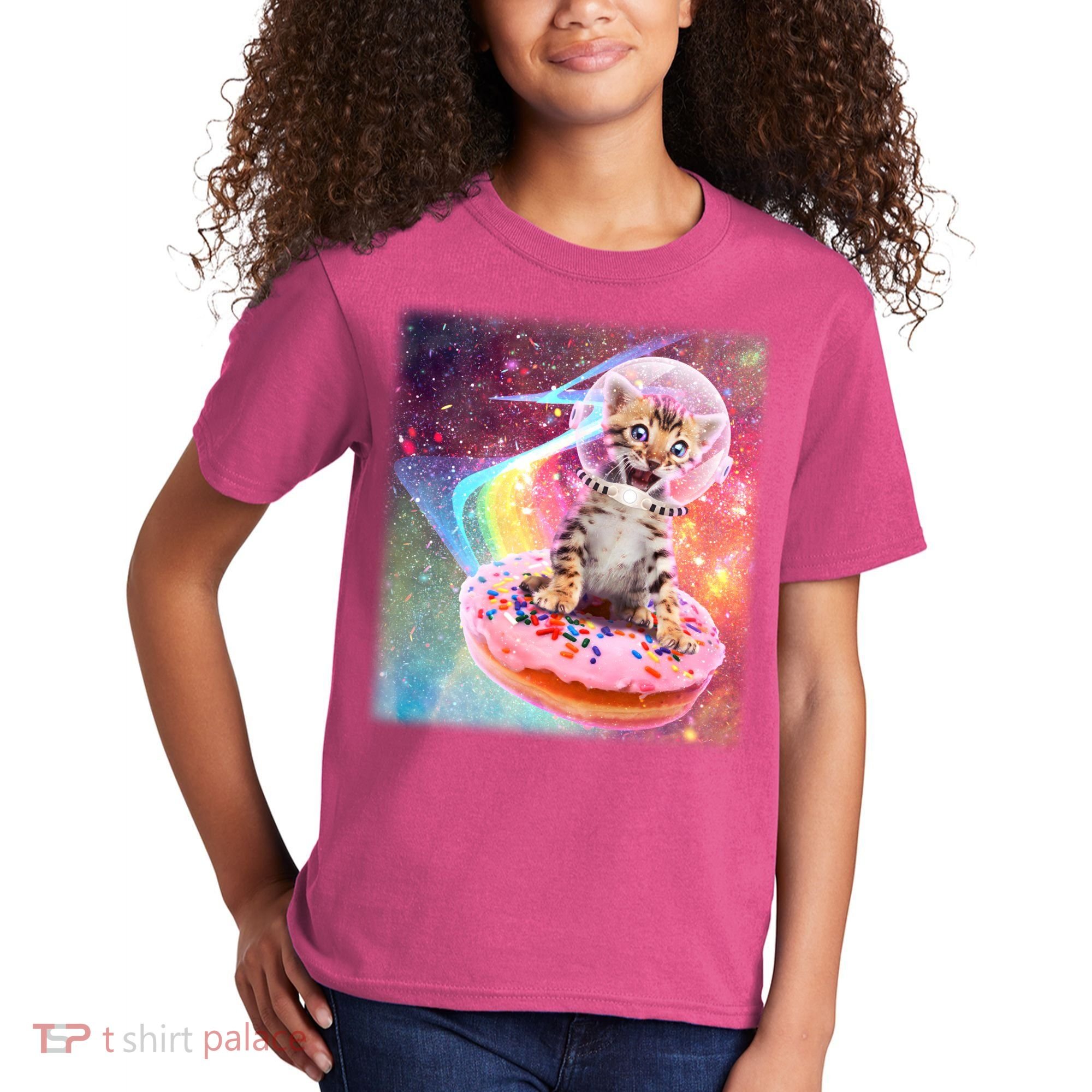 Funny Cute Astronaut Kitty On Rainbow Sprinkle Donut With Galaxy Background Kids T-Shirt