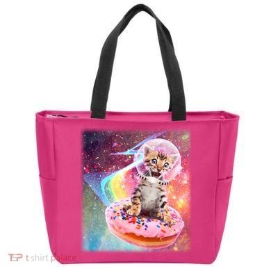 Funny Cute Astronaut Kitty On Rainbow Sprinkle Donut With Galaxy Background Tote Bag