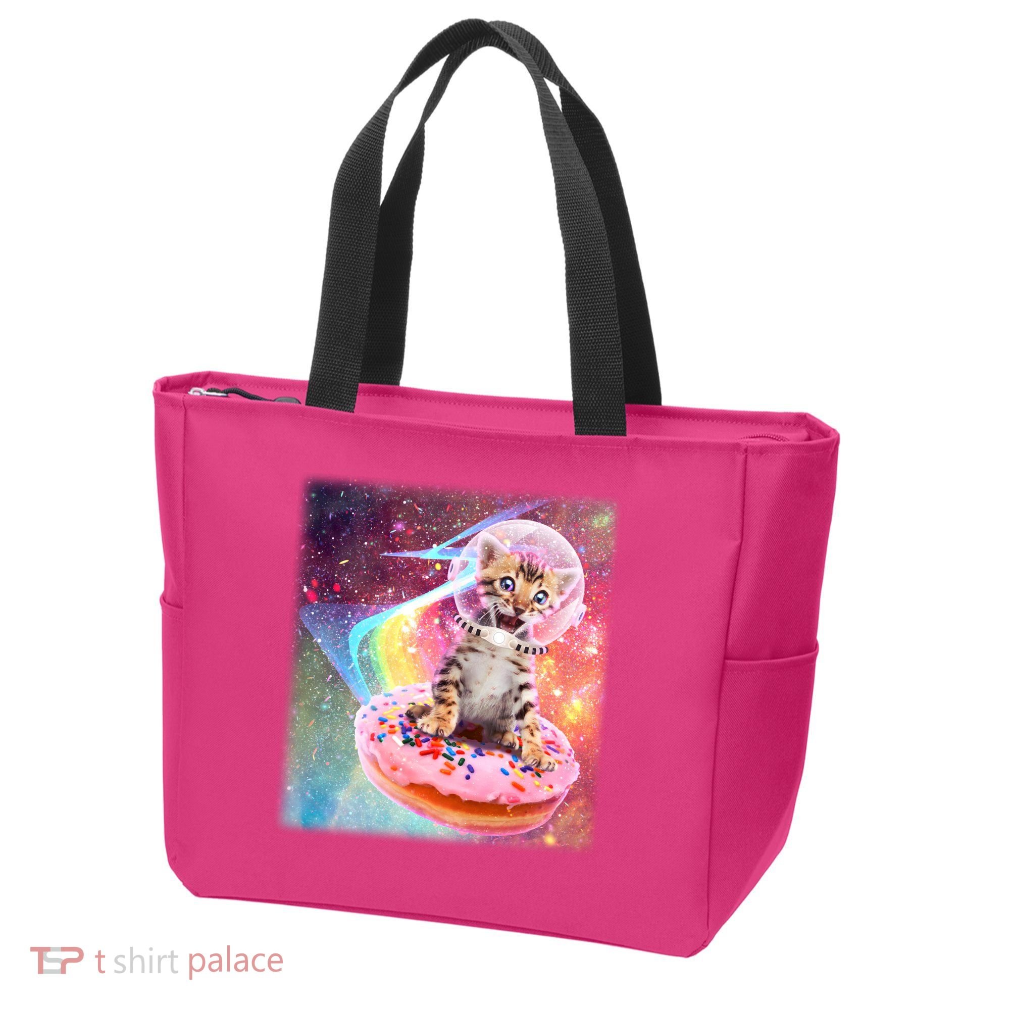 Funny Cute Astronaut Kitty On Rainbow Sprinkle Donut With Galaxy Background Tote Bag