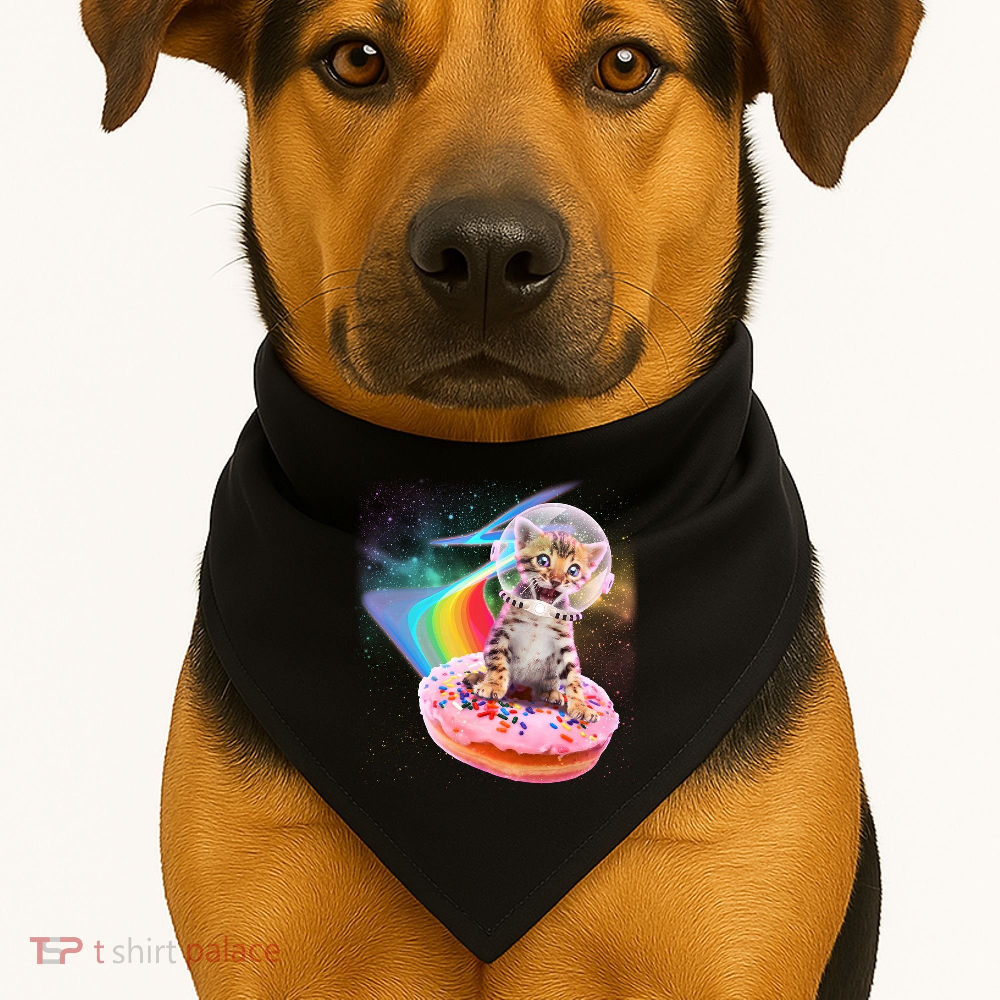 Funny Cute Astronaut Kitty On Rainbow Sprinkle Donut USA-Made Doggie Bandana