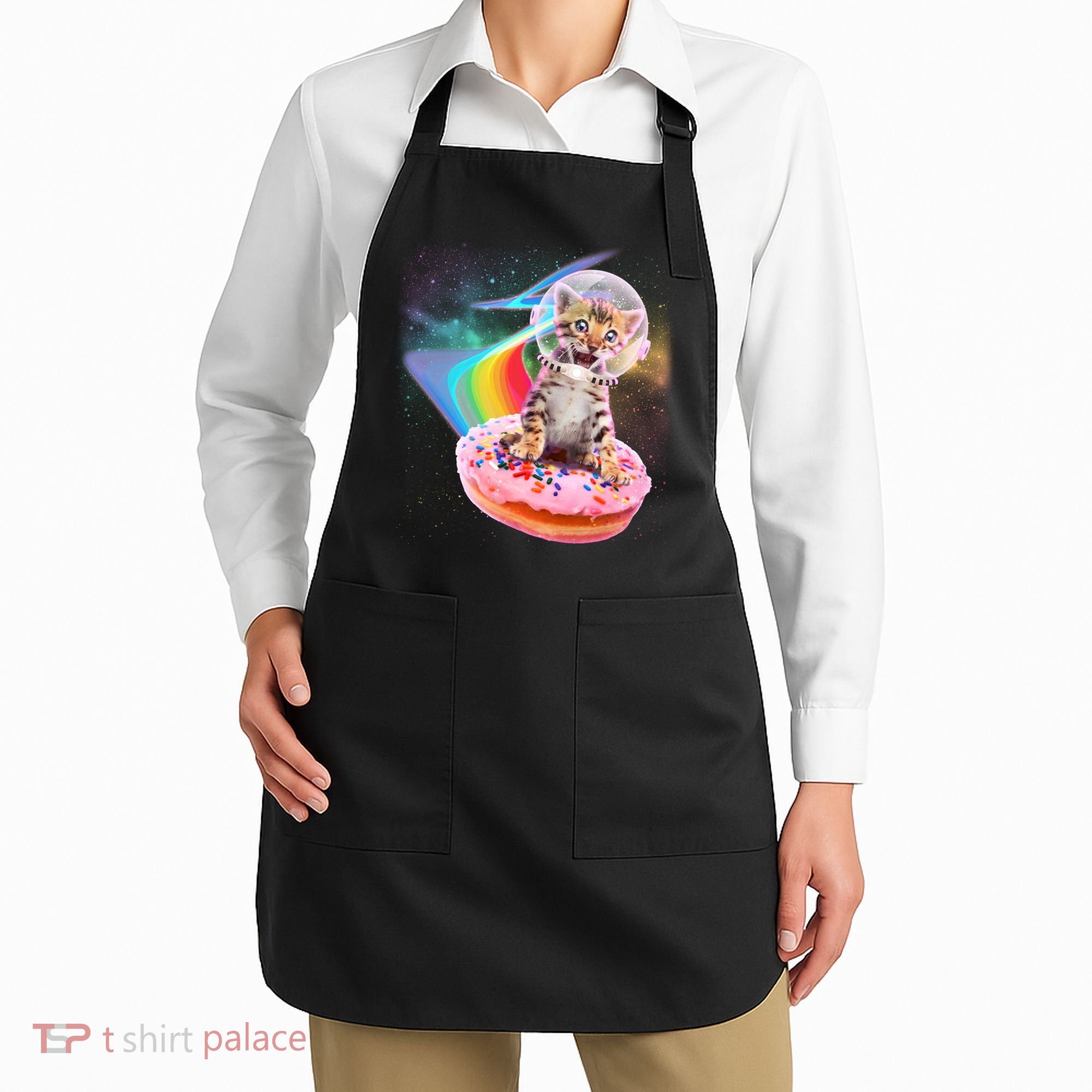 Funny Cute Astronaut Kitty On Rainbow Sprinkle Donut Apron
