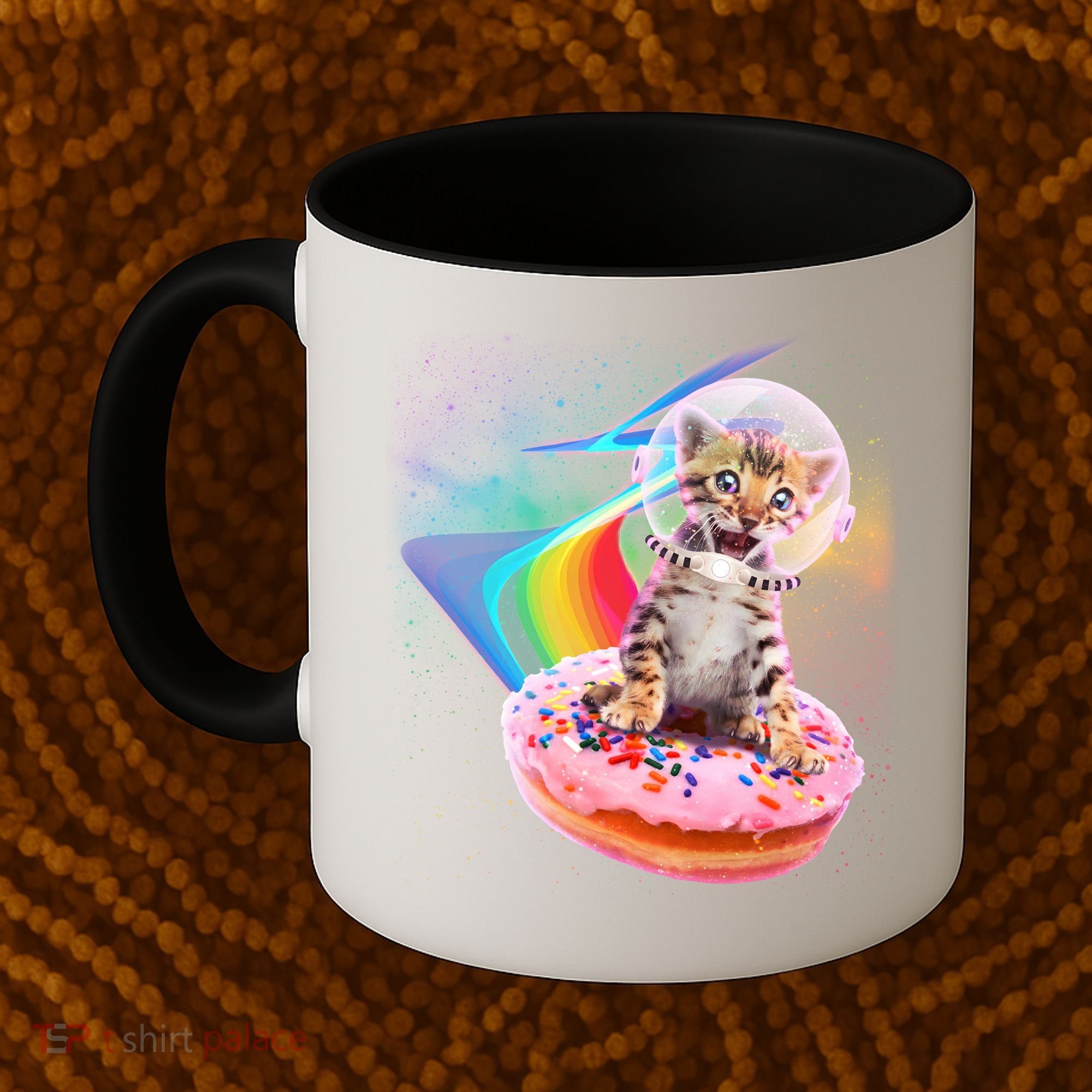 Funny Cute Astronaut Kitty On Rainbow Sprinkle Donut Coffee Mug