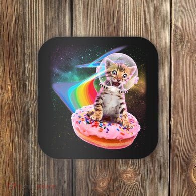 Funny Cute Astronaut Kitty On Rainbow Sprinkle Donut Coaster