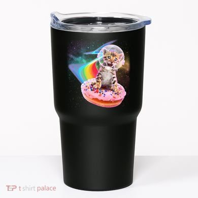 Funny Cute Astronaut Kitty On Rainbow Sprinkle Donut Tumbler