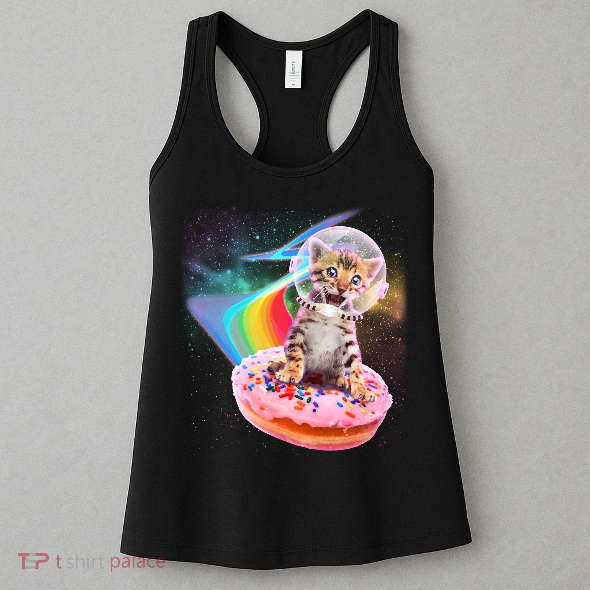 Funny Cute Astronaut Kitty On Rainbow Sprinkle Donut Women's Tank Top