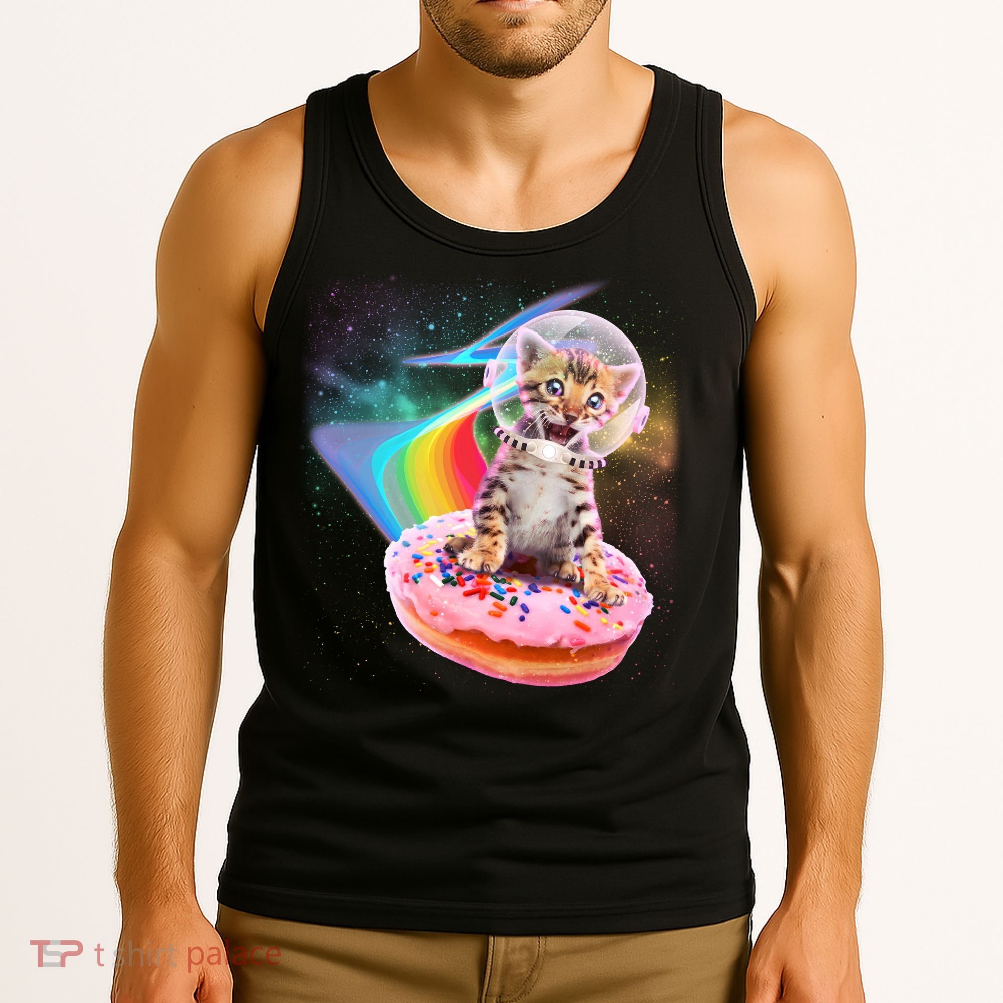 Funny Cute Astronaut Kitty On Rainbow Sprinkle Donut Tank Top