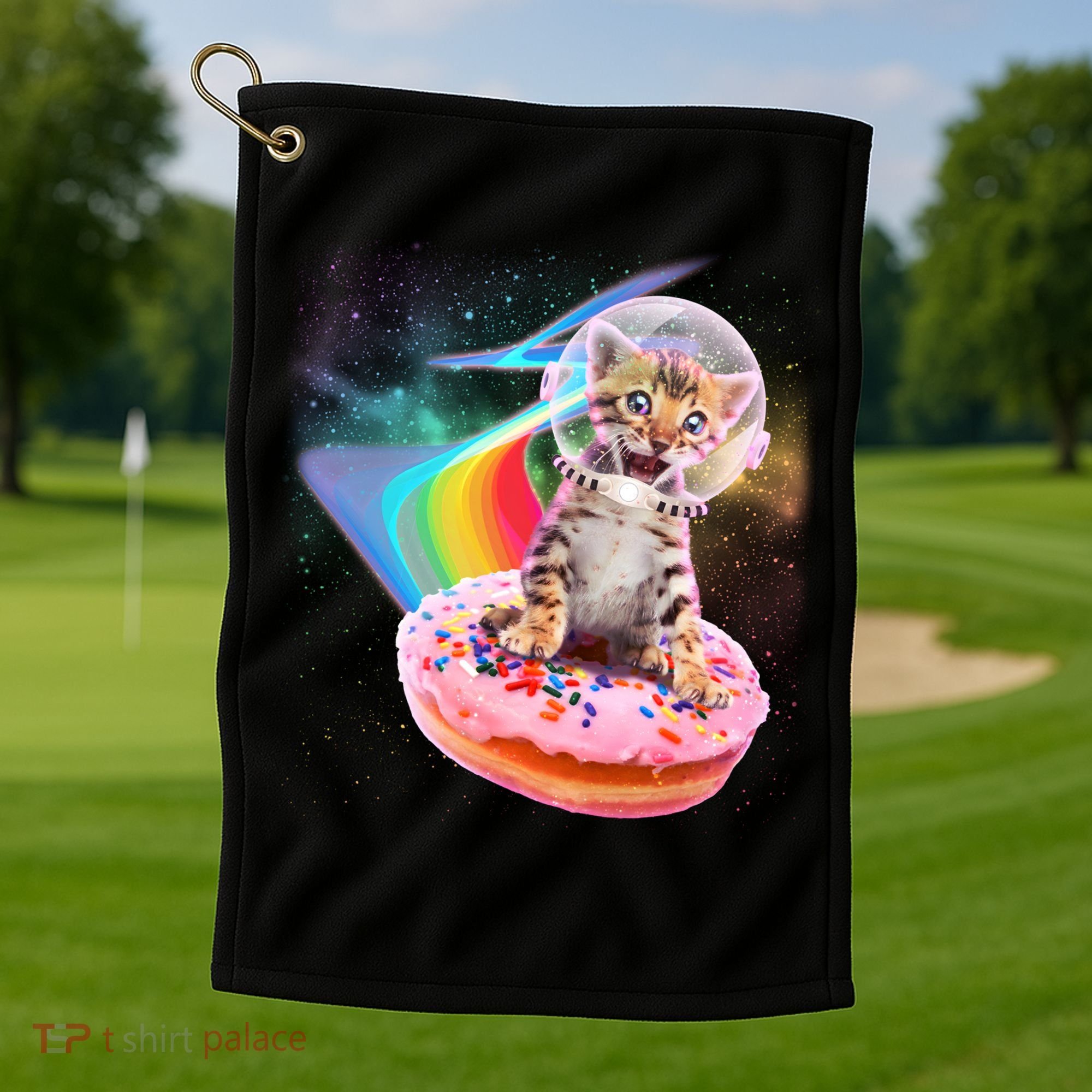 Funny Cute Astronaut Kitty On Rainbow Sprinkle Donut Golf Towel