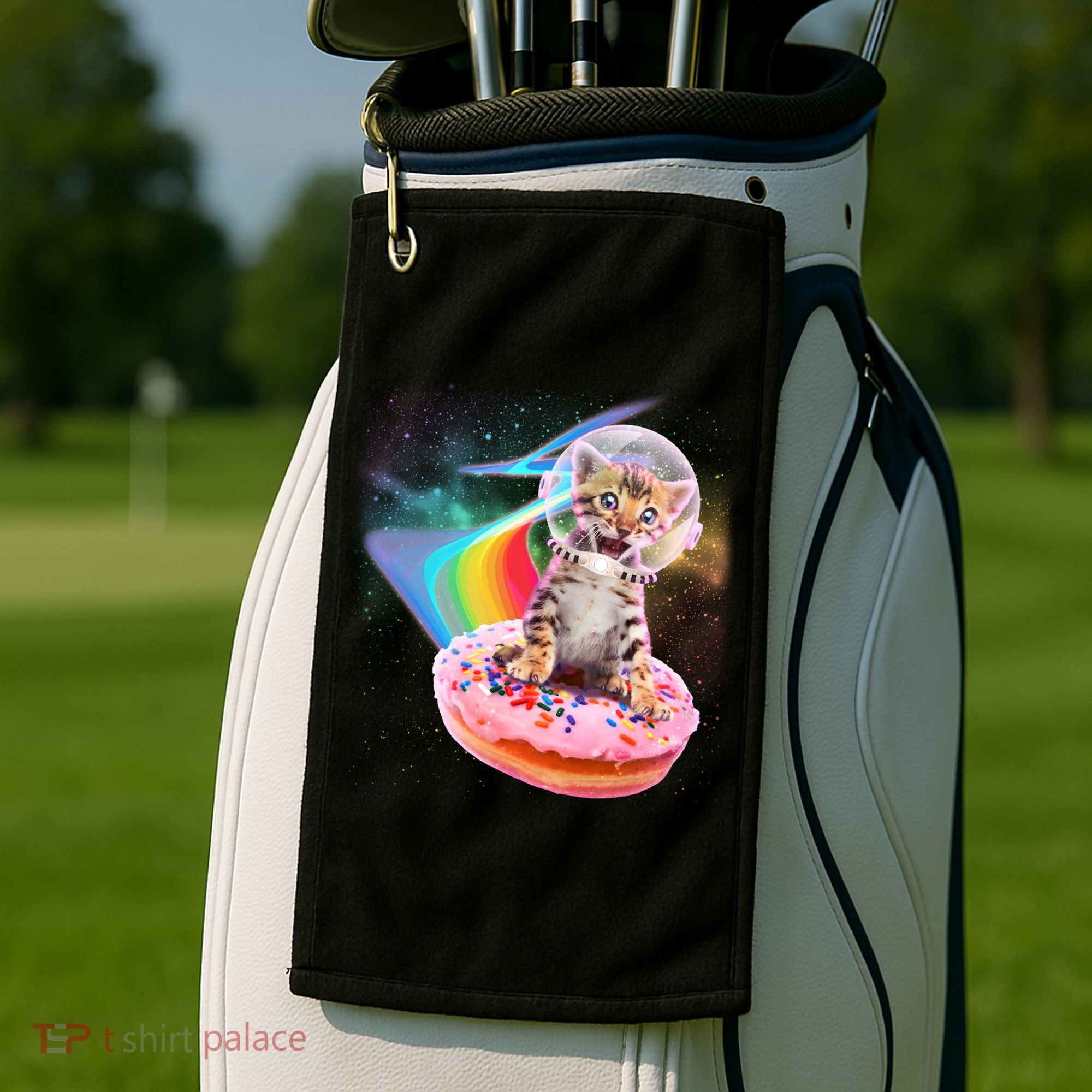 Funny Cute Astronaut Kitty On Rainbow Sprinkle Donut Golf Towel